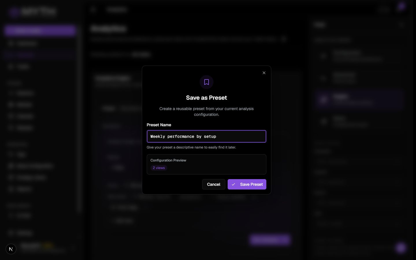 Analytics — Save as Preset dialog