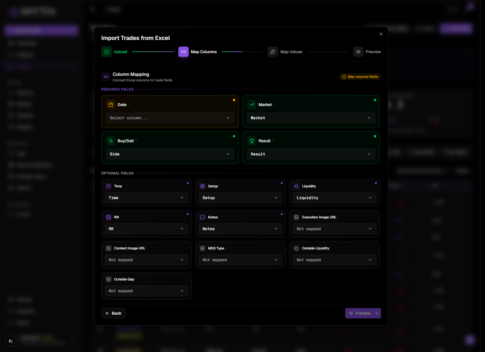 Import step 2 — column mapping