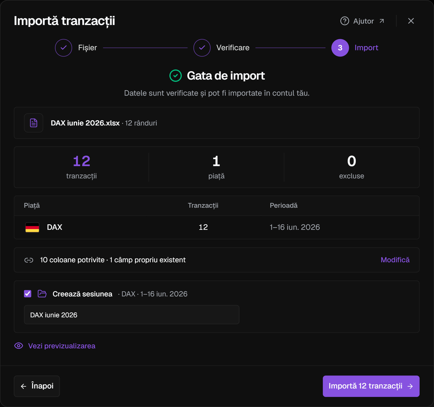 Etapa Import pentru un fișier cu o singură piață