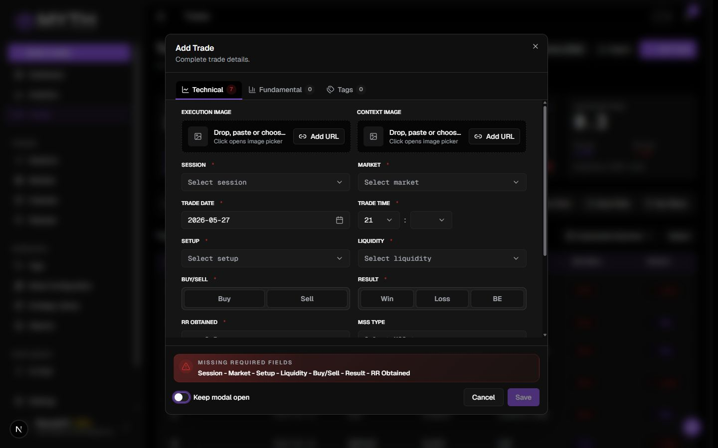 Add Trade — Technical tab with required fields