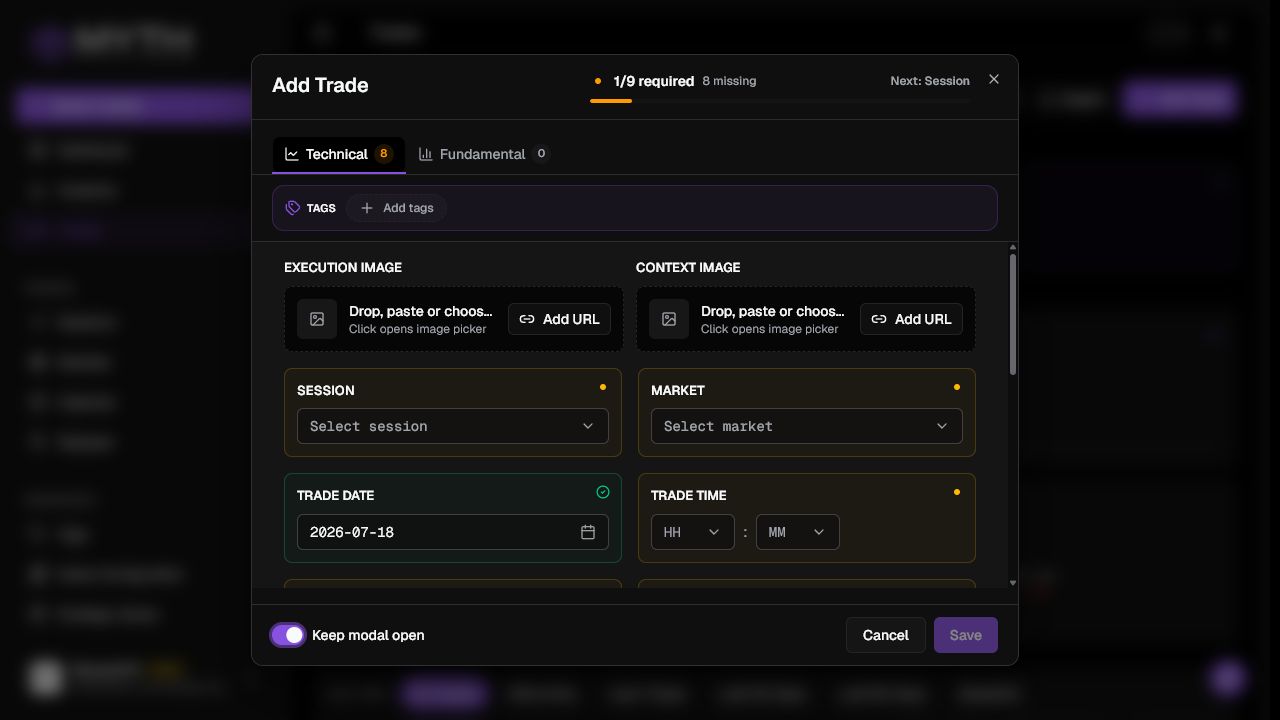 Add Trade, butonul Save și opțiunea Keep modal open