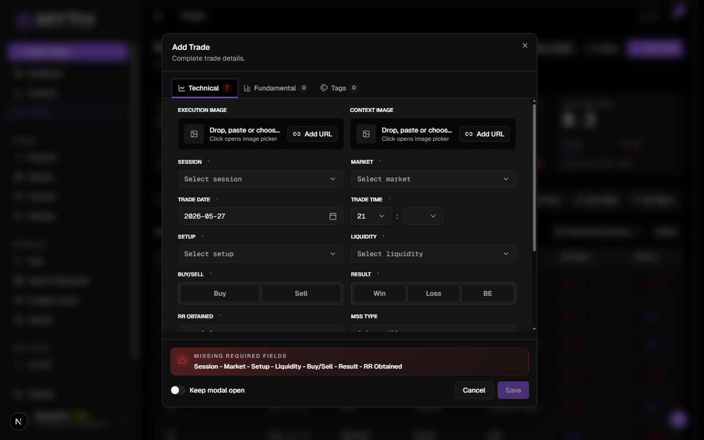 Add Trade — save button and keep-open toggle