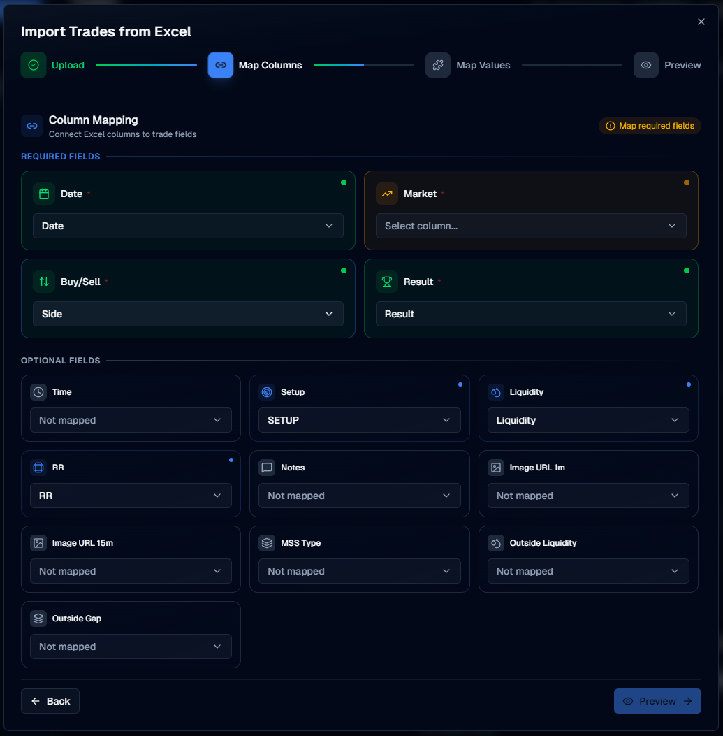 Import trades map columns step